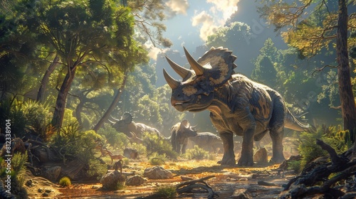 Imagine a scene from the late Cretaceous period, with a herd of Triceratops grazing peacefully in a sundappled clearing photo