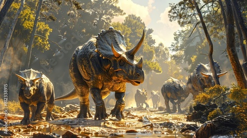 Imagine a scene from the late Cretaceous period  with a herd of Triceratops grazing peacefully in a sundappled clearing