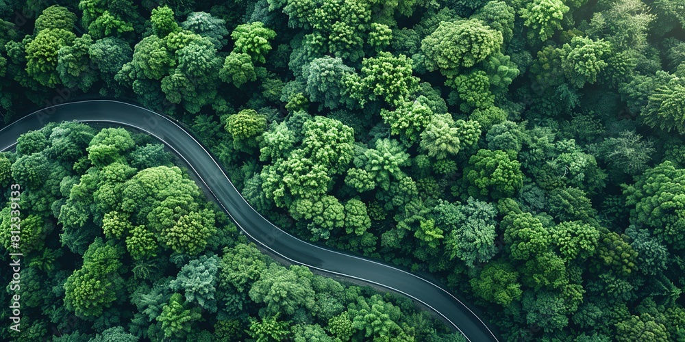 Birds-eye view of green forest below, separated by winding asphalt road. Luxurious aesthetic background. Generative AI Birds-eye view of green forest below, separated by winding asphalt road. Luxurious aesthetic background. Generative AI