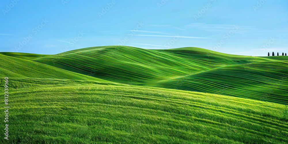 Emerald Green Hills of Tuscany: The rolling emerald green hills of Italy's Tuscany region provide a breathtaking view against the bright blue sky. This serene landscape evokes feelings of peace Emerald Green Hills of Tuscany: The rolling emerald green hills of Italy's Tuscany region provide a breathtaking view against the bright blue sky. This serene landscape evokes feelings of peace