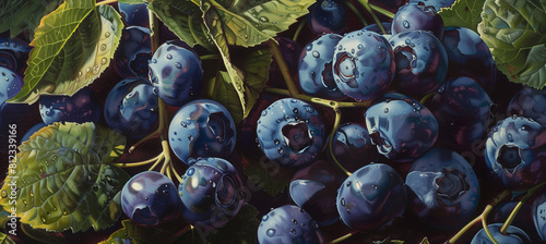 Detailed close-up image of ripe, vibrant blueberries showcasing their deep texture and color, set against a backdrop of fresh green leaves. Perfect for food, health, or agriculture-related concepts.