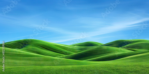 Emerald Green Hills of Tuscany  The rolling emerald green hills of Italy s Tuscany region provide a breathtaking view against the bright blue sky. This serene landscape evokes feelings of peace