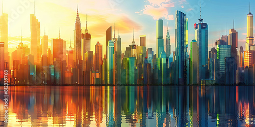 Electric Eclectic Cityscape: A vibrant skyline of skyscrapers in a variety of colors and architectural styles stands out against the backdrop of a sunset. The buildings reach up towards the sky