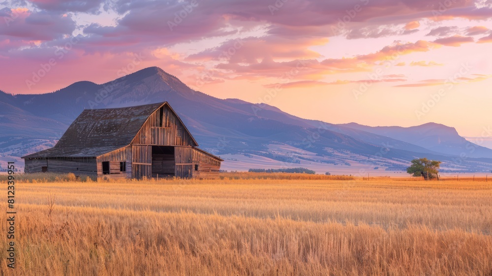 Old barn in wheat field at sunset. Old barn in wheat field at sunset.