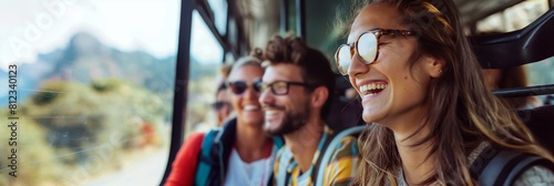 Passengers on a bus trip looking out the windows  feeling anticipation and wanderlust on their journey