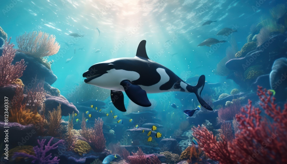 The Orcinus Orca in the ocean, portrait of Orca hunting prey in the underwater The Orcinus Orca in the ocean, portrait of Orca hunting prey in the underwater