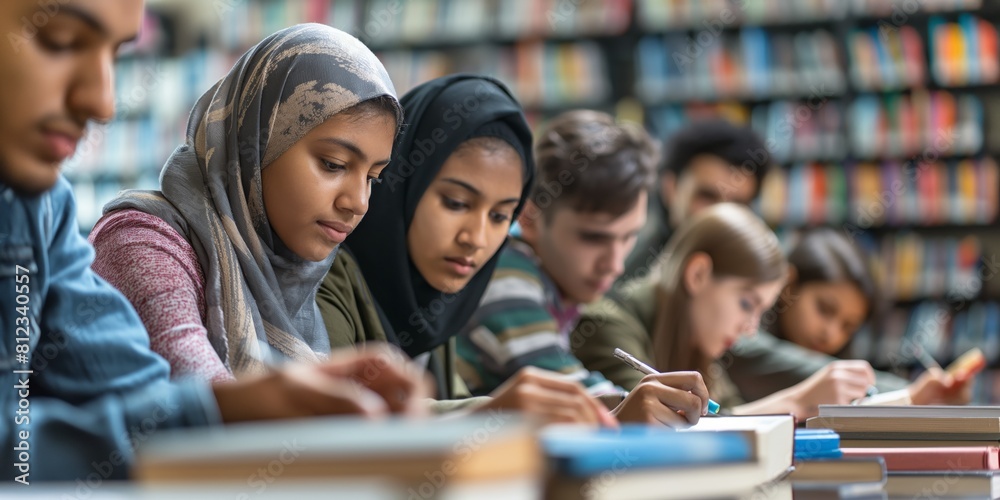 A multicultural group of concentrated students studying together with books in a library setting, representing dedication A multicultural group of concentrated students studying together with books in a library setting, representing dedication