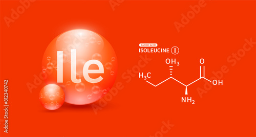 Isoleucine amino acid red and chemical formula structural. Biomolecules that combine to form proteins nutrients necessary for health muscle. For dietary supplements ads. Medical scientific. Vector.