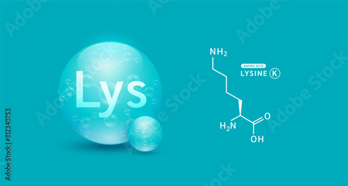 Lysine amino acid green and chemical formula structural. Biomolecules that combine to form proteins nutrients necessary for health muscle. For dietary supplements ads. Medical scientific. Vector.