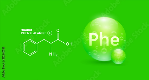 Phenylalanine amino acid green and chemical formula structural. Biomolecules that combine to form proteins nutrients necessary for health muscle. For dietary supplements ads. Vector.