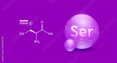 Serine amino acid purple and chemical formula structural. Biomolecules that combine to form proteins nutrients necessary for health muscle. For dietary supplements ads. Medical scientific. Vector.