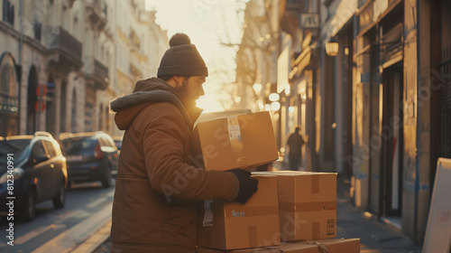 Delivery person unloading boxes from a truck