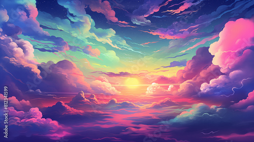 Hand drawn cartoon illustration of beautiful colorful clouds in the night sky  © 俊后生