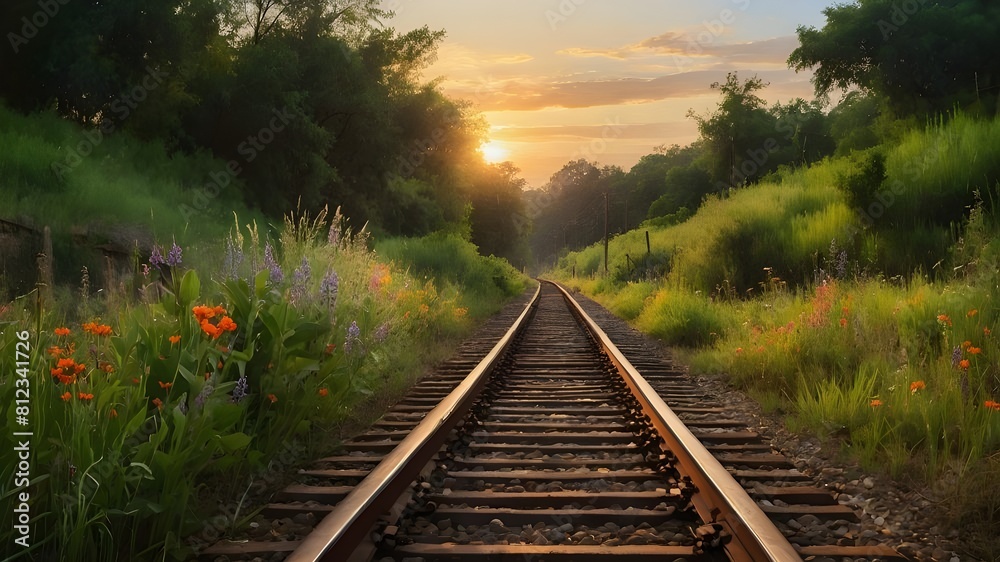 Fototapeta premium A railway track disappearing into the distance under the soft glow of the setting sun