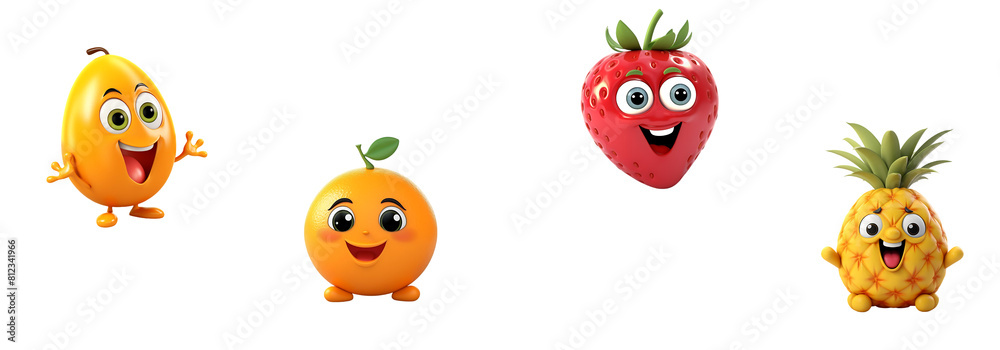Naklejka premium Joyful Cartoon Fruit Characters - Lively Lemon, Cheerful Orange, Sweet Strawberry, and Friendly Pineapple isolated on a transparent or white background, png
