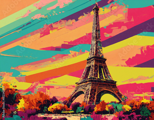 Abstract art of the Eiffel tower on modern liberal artwork background, Generative AI