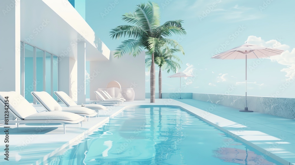 Fototapeta premium Sunbathing at the pool flat design side view relaxation theme 3D render Monochromatic Color Scheme.