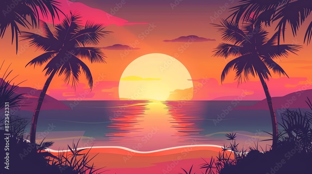 Beach sunset panorama flat design top view romantic evening theme animation vivid.