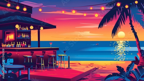 Beach bar evening flat design side view nightlife theme cartoon drawing Triadic Color Scheme.
