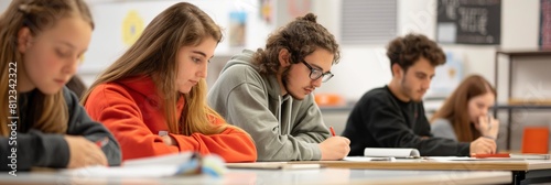 A row of concentrated high school students writing notes during a class, depicting dedication and education photo