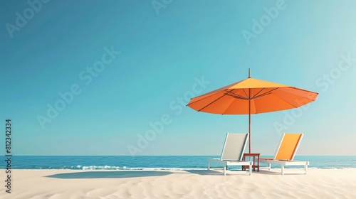 Beach umbrella and chairs flat design side view relaxation theme 3D render Complementary Color Scheme.