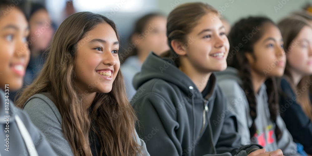 A diverse group of schoolgirls are smiling in a classroom setting, suggesting happiness and friendship among students A diverse group of schoolgirls are smiling in a classroom setting, suggesting happiness and friendship among students