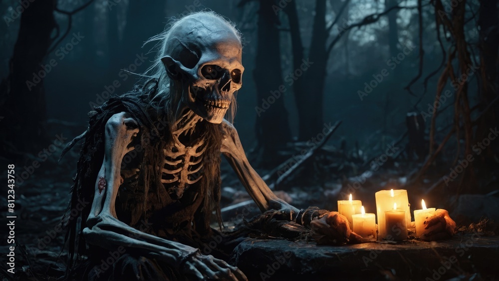 Skeleton meditates by candlelight in eerie woods
