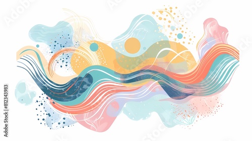 Abstract waves and dots intertwined in a pastel dreamscape