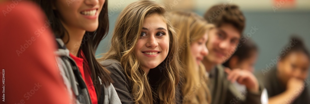 Fototapeta premium A diverse group of students smile together, enjoying their educational journey in a classroom setting