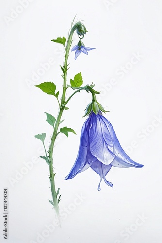 close-up shot of a single delicate blue campanula flower against a pristine white background