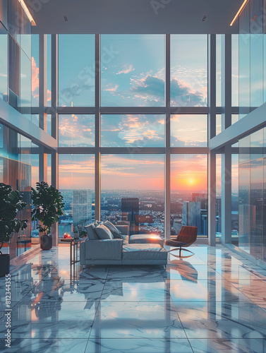 Futuristic and vintage style modern empty large living room in the center alone with only one lazy sofa chair, city view in the evening at sunset outside © Mufida's Gallery