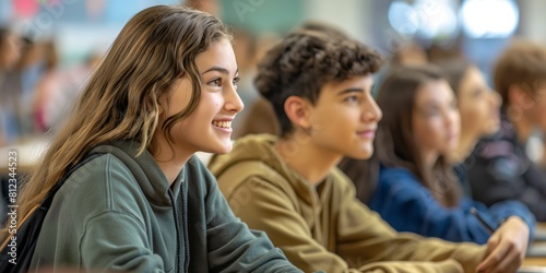 Two young students are attentively smiling, seated among peers in a classroom