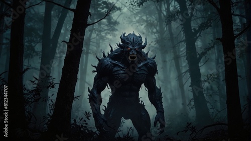 A menacing creature lurks in the foggy forest photo