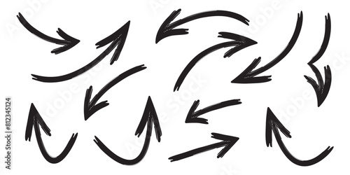 Set of black hand drawn grunge doodle spiral and curved charcoal, chalk arrows on white background. Scribble symbols of direction pointers, swirl arrow elements for infographic design in eps 10.