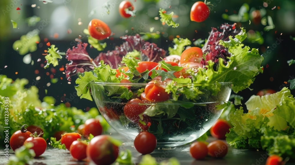 Levitating Salad Ingredients Forming a Vibrant Bowl of Fresh Produce and Vegetables Amid a Floating Conceptual Environment Levitating Salad Ingredients Forming a Vibrant Bowl of Fresh Produce and Vegetables Amid a Floating Conceptual Environment
