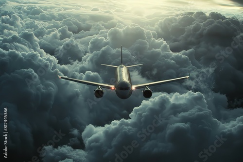 Airplane flying clouds. A commercial airplane soaring amidst dramatic sunset-lit clouds, embodying the concept of fast travel and transportation