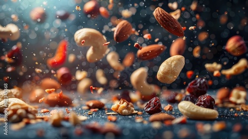 Healthy Levitating Snack Mix of Nuts and Dried Fruits Floating in Atmospheric Bokeh Backdrop photo