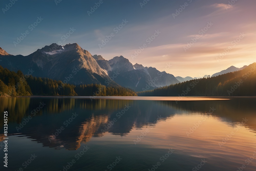 Impressive summer sunrise on Eibsee lake with Zugspitze mountain range. Sunny outdoor scene in German Alps, Bavaria, Germany, Europe. Generative AI 