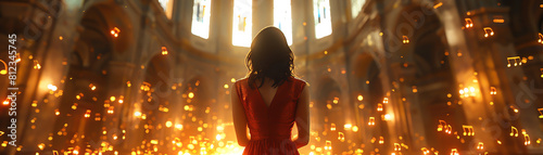 A woman in a red dress stands in a church, surrounded by floating musical notes. The light from the stained glass windows illuminates her face. She is at peace. photo