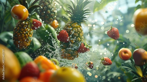 Exotic Tropical Fruits and Vegetables Levitating in a Lush Vibrant Garden Setting