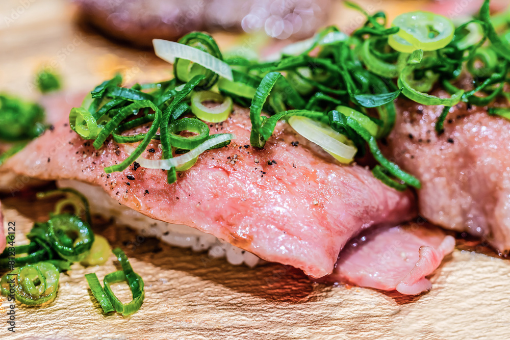 Wagyu sushi on the streets of Osaka, Japan Wagyu sushi on the streets of Osaka, Japan
