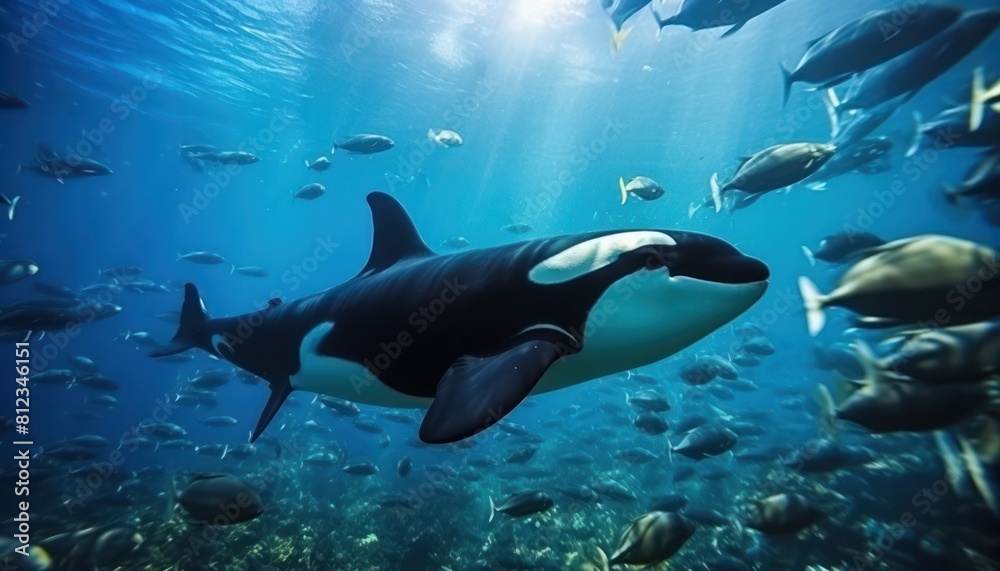 Obraz premium The Orcinus Orca in the ocean, portrait of Orca hunting prey in the underwater