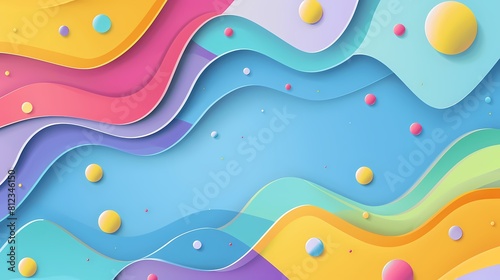 A vibrant colorful paper wave pattern with floating spheres