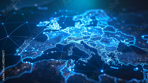 Western Europe's Digital Network Map: Exploring Euro Connections, Fast Data Transfer, Cyber Tech, Info Exchange, and Telecommunication Across Europe