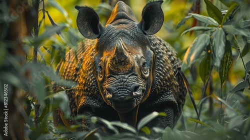 A rhino is standing in a forest with green leaves and about Rhino Conservation © Panupong Ws