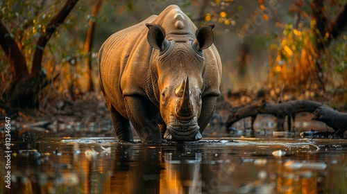 A rhino is standing in a body of water  looking to the right and about Rhino Conservation