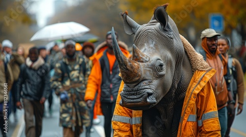 A rhino is walking down a street with people behind it and about Rhino Conservation