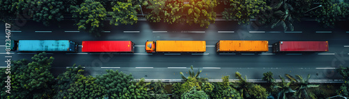 A line of semi trucks drive down a tree lined road. The trucks are red, blue, yellow, and orange. photo