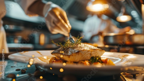 Chef narrating flounder dish origins to diners interactive gourmet dining photo