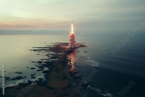 A dramatic aerial view of a rocket launch site by the ocean at dawn, with the rocket in midlaunch emitting a trail of smoke photo